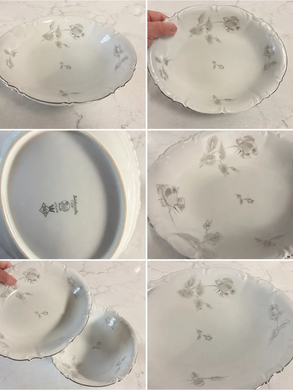 Vintage Hutschenreuther Sylvia Gray Rose Oval Serving Bowls Set of 2 Platinum Tr